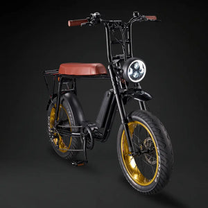Front view of the Rocket 88S electric bike in brown seat with contrasting gold rims.