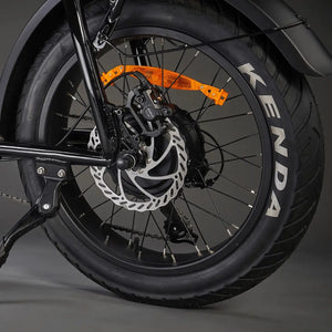 Close-up detail of the rear hub motor and mechanical disc brake system on the Rocket 88S Fat Boy.