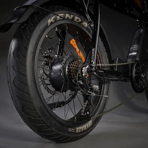 Close-up of the rear hub motor and Shimano gearing system on the Rocket 88S e-bike.