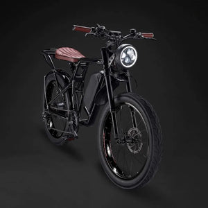 Rocket GTS Cruiser electric bike displayed with matte black rims and a brown leather seat.