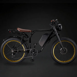 Side profile of the retro-style Rocket GTS e-bike equipped with gold rims and a brown seat.