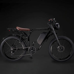 Full side view of the Rocket GTS electric cruiser with matte black rims and a classic brown seat.