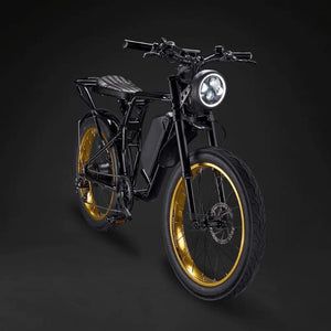 Front view of the Rocket GTS 350W electric bike featuring the sporty gold rim and black seat combination.