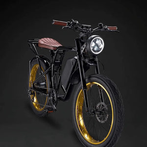 Front view of the Rocket GTS 350W electric bike featuring the sporty gold rim and brown seat combination.