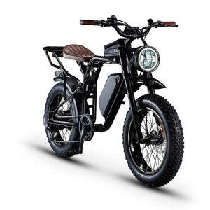 Front angle of the Rocket SX Sport Utility e-bike in black, featuring a brown leather seat and headlight grill.
