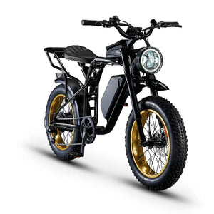 Front angle of the Rocket SX Sport Utility e-bike in black, featuring a black leather seat and headlight grill.