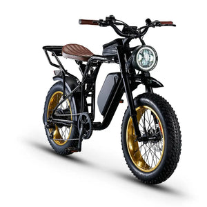 Front angle of the Rocket SX Sport Utility e-bike in black, featuring a brown leather seat and headlight grill.