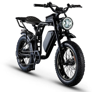 Front tview of the electric black Rocket SX e-bike with a retro headlight grill and black seat.