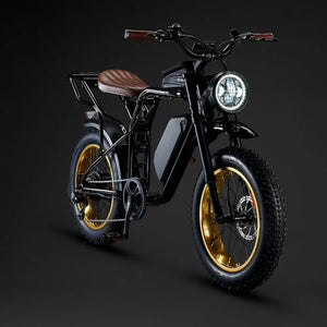 Front three-quarter view of the electric black Rocket SX e-bike with a retro headlight grill and brown seat.