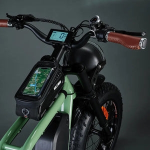 POV shot of the Rocket X handlebars showing the LCD display and a "Wild Man" phone mount used for GPS navigation.