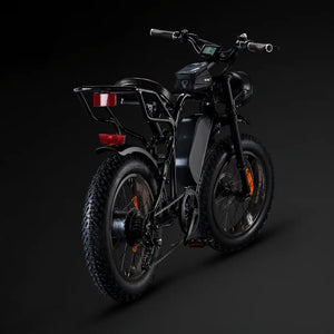 Rear view of the Rocket X Sport Utility e-bike showing the sturdy rear cargo rack and black padded seat.