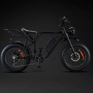 Full side profile of the Rocket X Sport Utility electric bike in all-black, showcasing the step-over frame and fat tires.