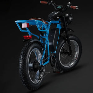 Rear view of the Rocket X Sport Utility e-bike showing the sturdy rear cargo rack and brown padded seat.