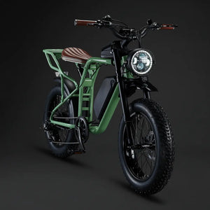 Front three-quarter view of the Rocket X Sport Utility e-bike in racing green, featuring a headlight grill and front suspension.