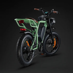 Rear view of the Rocket X Sport Utility e-bike showing the sturdy rear cargo rack and brown padded seat.