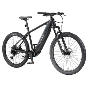 Angled side view of the Viking Pro electric mountain bike with a sleek black frame, front suspension, and rugged off-road tyres.
