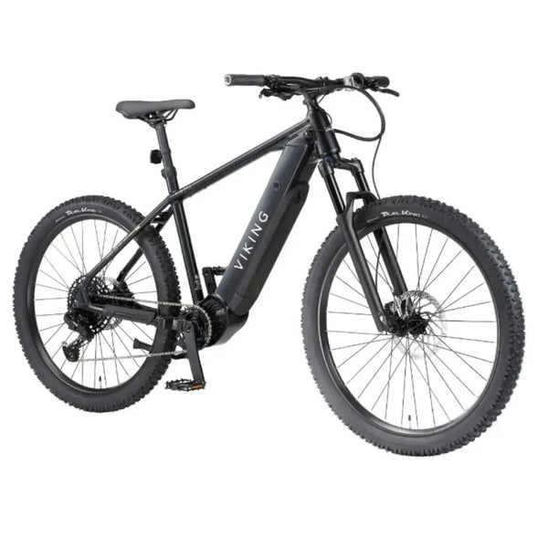 Angled side view of the Viking Pro electric mountain bike with a sleek black frame, front suspension, and rugged off-road tyres.