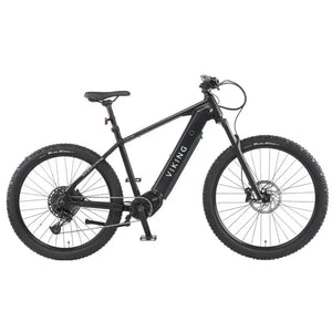 Side view of the Viking Pro electric mountain bike with a sleek black frame, front suspension, and rugged off-road tyres.