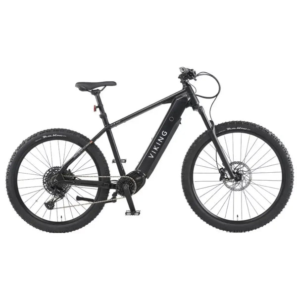 Side view of the Viking Pro electric mountain bike with a sleek black frame, front suspension, and rugged off-road tyres.