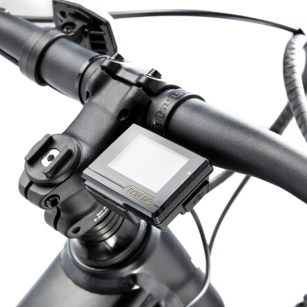 Handlebar-mounted Bafang digital display on the Viking Pro Electric Mountain Bike showing ride and battery information.