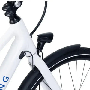 Close-up view of the Viking Urban Eco Comfort step-through electric bike’s front fork, light, and fender for enhanced visibility and protection.