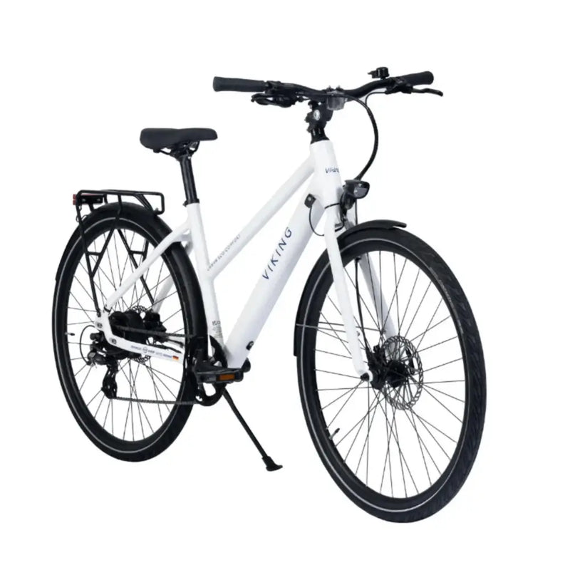 Angled front view of the Viking Urban Eco Comfort step-through electric bike 250W, highlighting its sleek white frame, fenders, and front disc brake.