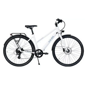 Side profile of the Viking Urban Eco Comfort step-through electric bike 250W, featuring a white frame, rear rack, and disc brakes for a comfortable ride.