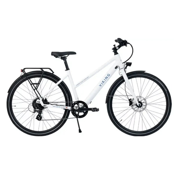 Side profile of the Viking Urban Eco Comfort step-through electric bike 250W, featuring a white frame, rear rack, and disc brakes for a comfortable ride.
