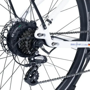 Rear wheel and Shimano Altus gear system on the Viking Urban Eco Comfort Step Through Electric Bike 250W.