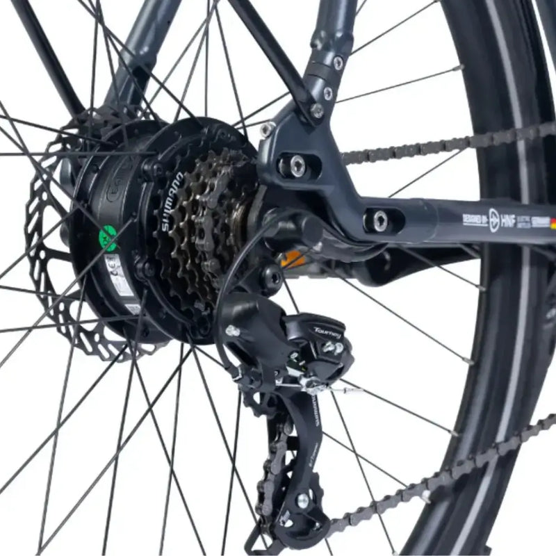 Detail view of the Viking Urban Eco Sport electric bike rear hub motor, Shimano gears, and disc brake.