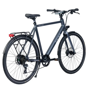 Rear angled view of the Viking Urban Eco Sport S-Ride 700c electric bike in grey, showing the pannier rack, mudguards, and drivetrain.