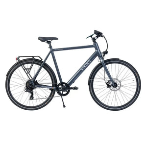 Side view of the Viking Urban Eco Sport S-Ride 700c electric bike in grey with a step-over frame and rear carrier.