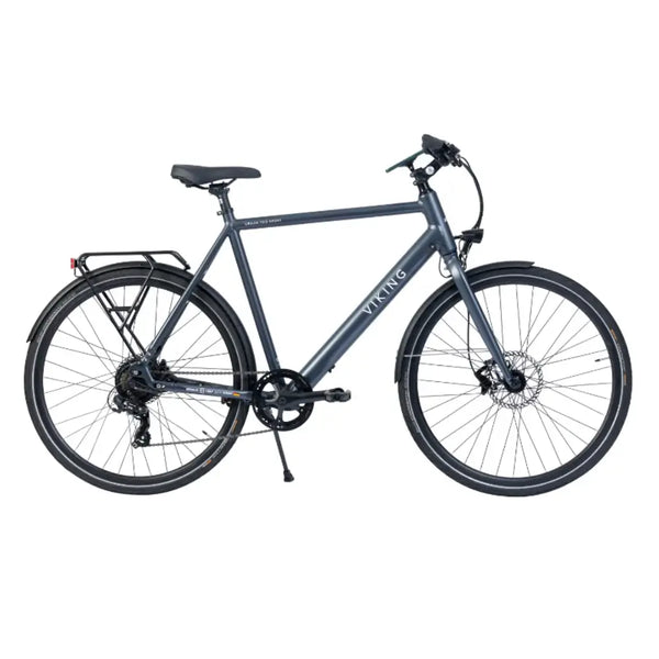 Side view of the Viking Urban Eco Sport S-Ride 700c electric bike in grey with a step-over frame and rear carrier.