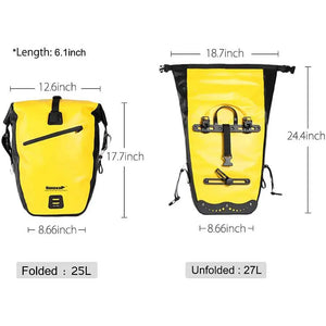 Waterproof rear rack pannier dimensions showing folded and unfolded sizes.