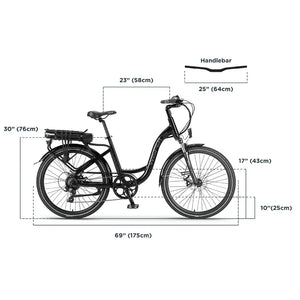 Measurement and sizing chart for the Wisper 705 26" Step Through Electric Bike 250W, displaying frame dimensions, wheelbase, and handlebar width for fit guidance.