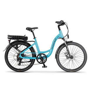Side view of the Wisper 705 26" Step Through Electric Bike 250W in blue, showing its low-step frame.