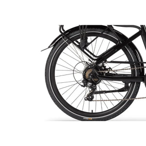 Detailed view of the rear wheel, gear cassette, and Shimano drivetrain on the Wisper 705 26" Step Through Electric Bike 250W.