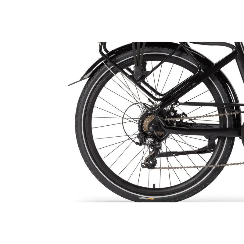 Detailed view of the rear wheel, gear cassette, and Shimano drivetrain on the Wisper 705 26" Step Through Electric Bike 250W.