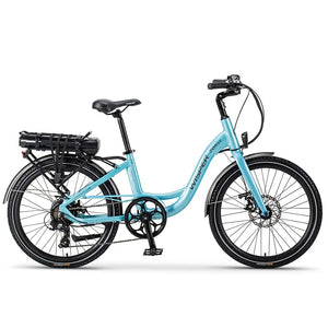 Side view of the Wisper 705 24" Step Through Electric Bike 250W in blue, showing its low-step frame.