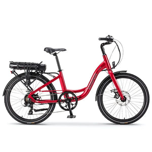 Side view of the Wisper 705 24" Step Through Electric Bike 250W in red, showing its low-step frame.