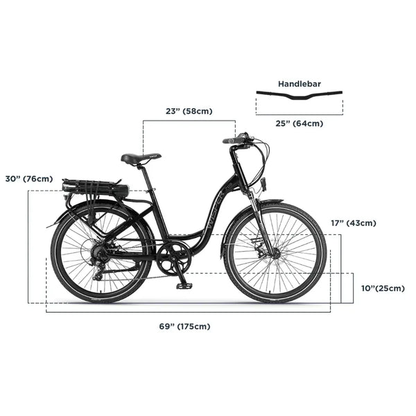Measurement and sizing chart for the Wisper 705 24" Step Through Electric Bike 250W, displaying frame dimensions, wheelbase, and handlebar width for fit guidance.