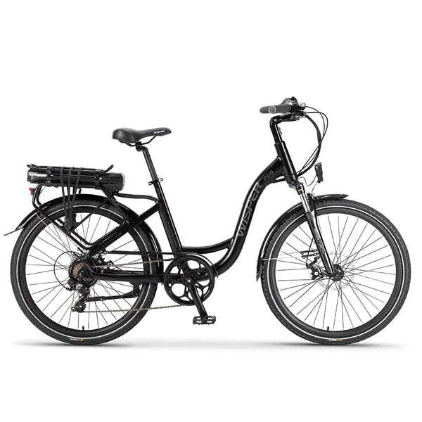Side view of the Wisper 705 24" Step Through Electric Bike 250W in black, showing its low-step frame.