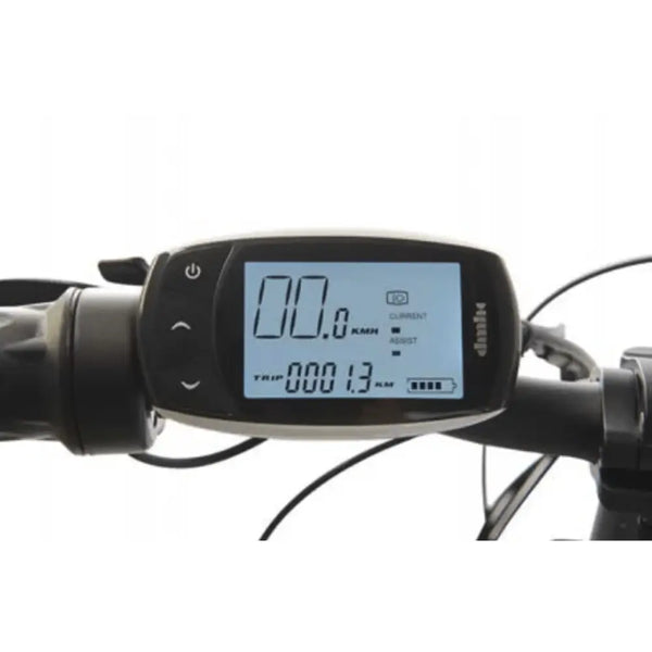 Close-up of the handlebar LCD display on the Wisper 705 24" Step Through Electric Bike 250W, showing speed, trip distance, and battery level.