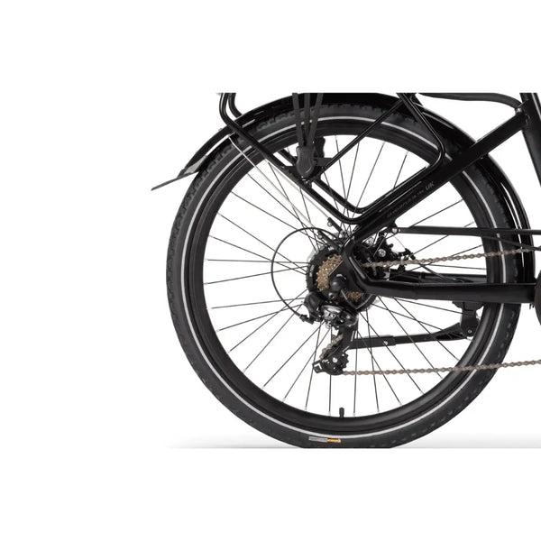 Detailed view of the rear wheel, gear cassette, and Shimano drivetrain on the Wisper 705 24" Step Through Electric Bike 250W.