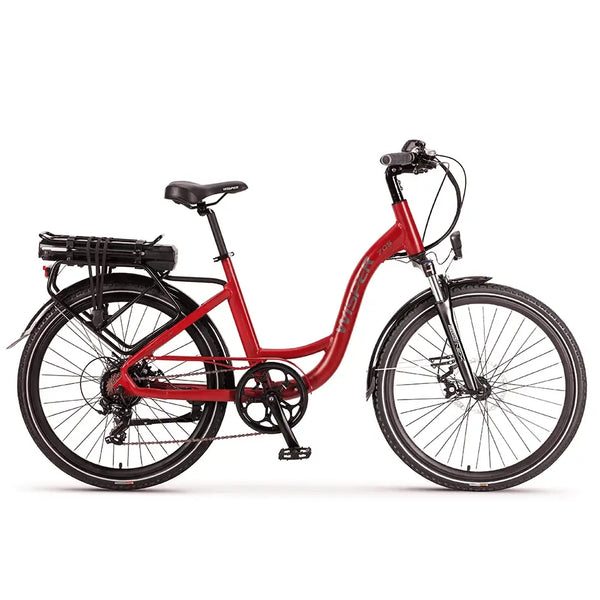 Side view of the Wisper 705 24" Step Through Electric Bike 250W in red, showing its low-step frame.