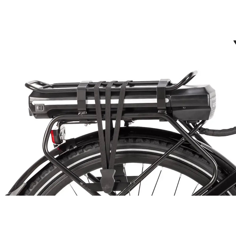 Close-up of the Wisper 905 Crossbar Touring Hybrid Electric Bike's rear-mounted battery and carrier rack, featuring a black frame and integrated power switch.