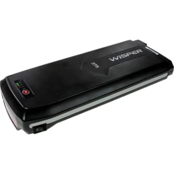 Close-up of black wisper 375 battery pack with led indicator and power switch for electric bike