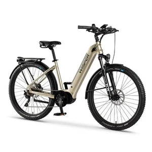 Angled view of Wisper Wayfarer M7 step-through e-bike in silver with front suspension and rugged tyres