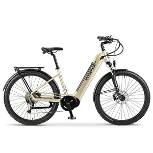 Side view of Wisper Wayfarer M7 step-through adventure e-bike in silver with integrated mid-drive motor and rear rack