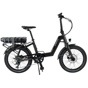 Side view of the Wisper Tailwind 806 Encore folding electric bike in black, featuring a step-through frame and rear-mounted battery